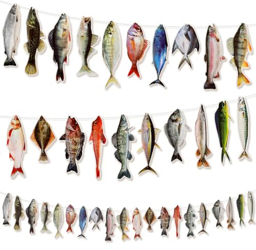 Glenmal 20 Stück Gone Fishing String Hängende Banner Fisch Geburtstag Party Dekorationen mit 1 Fischnetz für Geburtstag Verlobung Ruhestand Outdoor Spiel Turnier Grillen Party Hintergrund Dekor