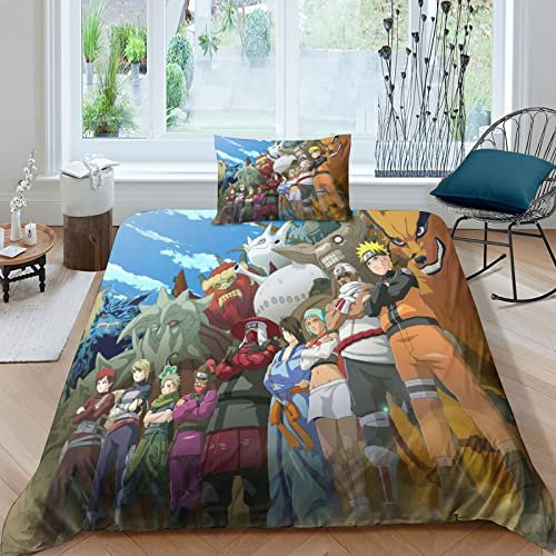 ELGISI Naruto Bettwäsche Single(135x200cm) Bettbezug Set 3 Teilig Weiche Microfaser Uzumaki Naruto Bettbezug Und Kissenbezug Mit Reißverschluss Für Kinder Jungen Mädchen