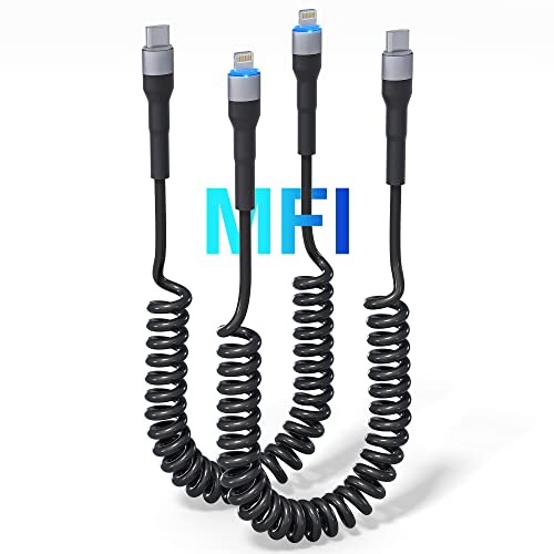 USB C auf Lightning Spiralkabel 2Pack, MFi Zertifiziert Apple Carplay Kabel, Einziehbares USB C Lightning Kabel mit Datenübertragung und LED, USB C auf Lightning Kabel Kurz für iPhone/Pad/Pod