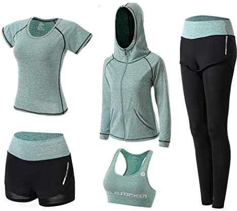 DJKTTMKW Sport Set Damen Trainingsanzug Jogginganzug Set 5 Stück Sportanzug Yoga kleidung Sport Outfit Fitness Sportkleidung Anzug Gym Set (Grün A, XL)