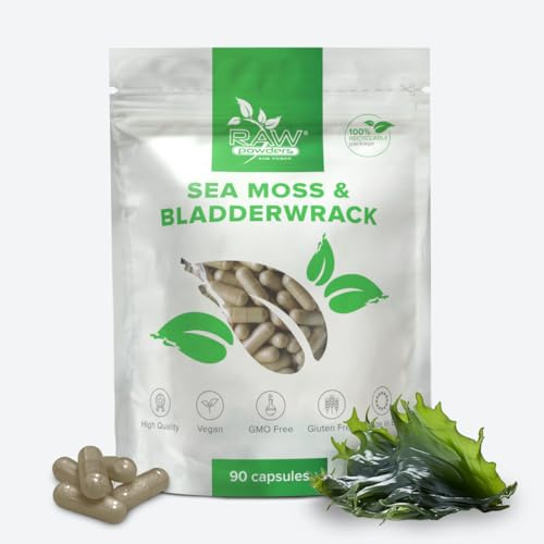 Irish Sea Moss Kapseln mit Blasentang – 90 vegane Kapseln – Nährstoffreiches Superfood – 30 Tage Vorrat – Ohne Zusatzstoffe – Hergestellt in der EU – RAW Powders