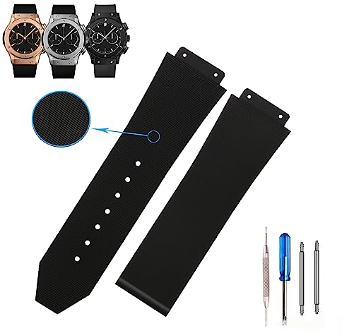 MMBAY Big Bang Ersatz-Uhrenarmband aus Gummi, 25 mm, passend für Hublot, 19 mm x 25 mm x 22 mm, Big Bang Uhrenarmband (ohne Metallschnalle), für Damen und Herren (schwarze, dichte Streifen)