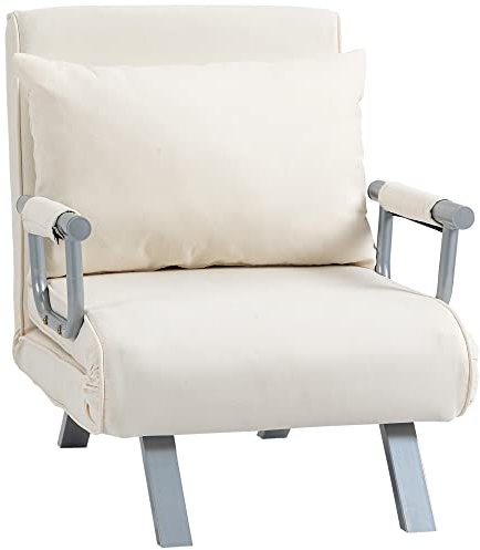 HOMCOM Fauteuil chauffeuse canapé-lit Convertible 1 Place déhoussable Grand Confort Coussin Pieds accoudoirs métal suède Blanc