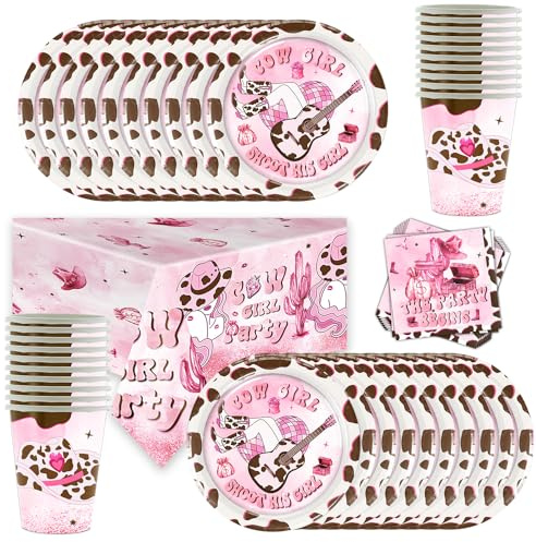 Lot de vaisselle de fête cowgirl West Cowgirl - Assiettes et gobelets en carton - Nappe rose - Décoration de table denim