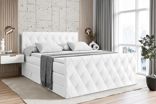 ALTDECOR Boxspringbett mit Matratze und Lattenrost, Topper, Fußteil, Polsterbett mit Bettkasten, Bett mit Stauraum H3- und H4- Matratze,Springboxbett - Amay King - 200x200 Weiß Kunstleder