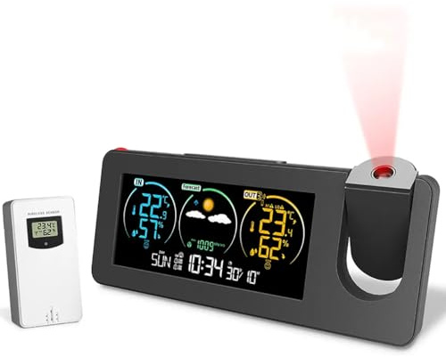 CYTBEK Projection Alarm Clock, Weather Station with Outdoor Sensor, Bedroom Projector Dimmable Clock Dual Alarms LCD Display Date Time Temperature Humidity and Weather Forecast