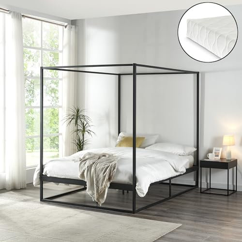 [en.casa] Himmelbett Kristianstad mit Matratze 140 x 200 cm Metallbett Doppelbett Bettgestell mit Lattenrost Bettrahmen Ehebett Schwarz