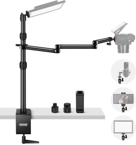 NEEWER Telescoping Table Mount with Foldable Arm Three Part 4ft Clamp Ball Head for LED Light Microphone TL253A+MH022
