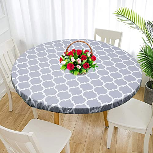 Round Table Protector Wipeable Circle Tablecloth Elastic Edged Fitted Table Cloth Flannel Backed Table Cover Waterproof Oilcloth PVC Tablecloth for Dinning Room Kitchen Picnic (Grey Stripe, 110-140cm)