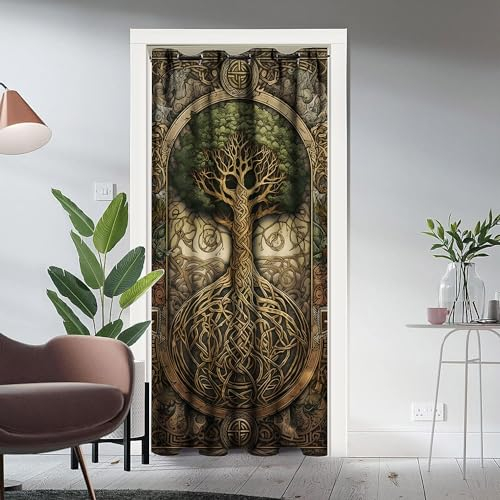 YungHo Wikinger-Türvorhänge, nordische Mythologie, Vintage-Wikinger-Stil, Baum des Lebens, Stoffdruck, Türtapisserie, Raumteiler, Vorhänge für Küche, Sushi, 106,7 x 203,2 cm (B x L)