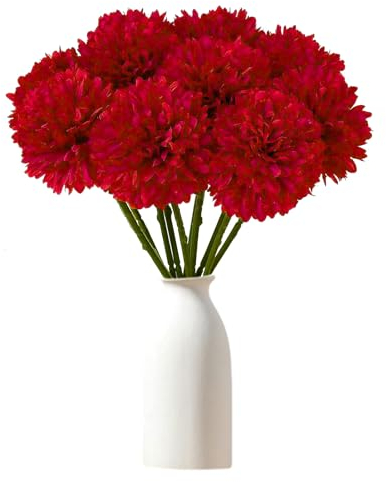 Wekuw Kunstblumen, 12 Stück Künstliche Hortensie Blumen Seide Pompon Chrysantheme Kugel Blumen Deco Hortensien Künstliche Pflanzen Unechte Blumen, für Hochzeits Deco, Heimdeko, Büro (Rot)