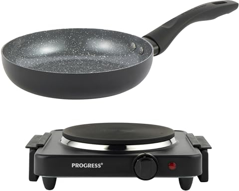 Progress COMBO-9087 Electric Hotplate Set – With 24 cm Ceramic PFAS-Free Non-Stick Frying Pan, Camping Stove, Table Top Electric Cooker, Portable Kitchen Hob with Carry Handles, Variable Heat Settings
