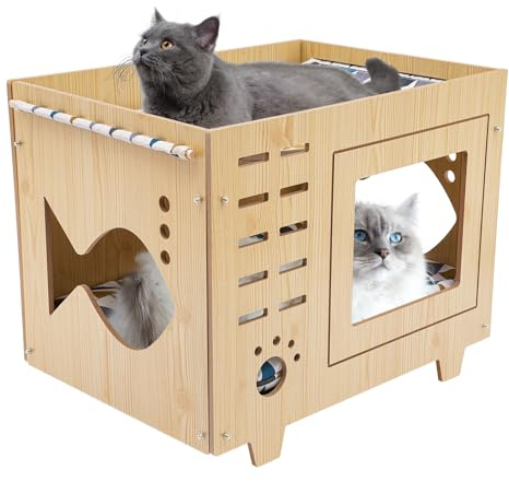 biniliubi Katzentür aus Holz, Lamellen, Fenster, Füße, Bett, Innenhöhle, Kissen, abnehmbar, Kaninchen, Meerschweinchen, Kätzchen, Winter, wasserdicht, warm, faltbar, wetterfest, Tierheim