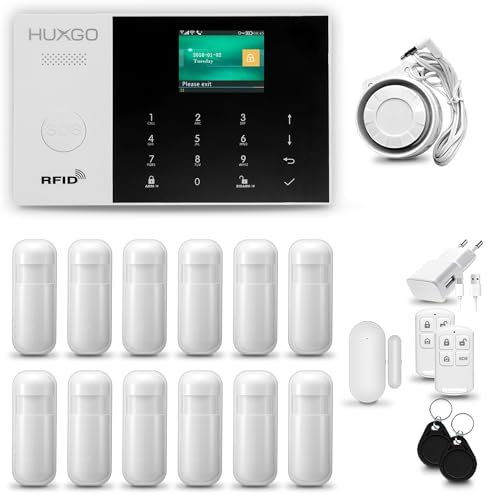HUXGO® HXA005 Allarme casa senza fili con sirena esterna WiFi + GSM | Antifurto casa kit con 1x sensori di allarme per finestre/portes, 12x rilevatori di movimento | Lavora con TUYA