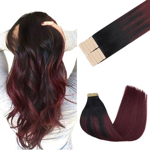 GOO GOO Tape in Extensions Echthaar, Tape Extensions Echthaar, 60cm 30g 10pcs, Extensions Echthaar, Haarverlängerung Echthaar, 1/99J Tiefschwarz bis Rot