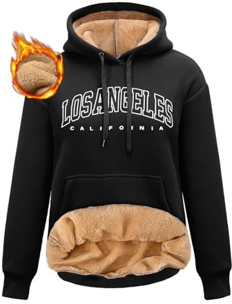 Vijamiy Felpa Donna Flanella Caldo Hoodie Elegante Felpa con Cappuccio in Pile con Stampa Los Angeles Invernale Felpe Calde Oversize Outdoor Basic Casual (Nero,L)