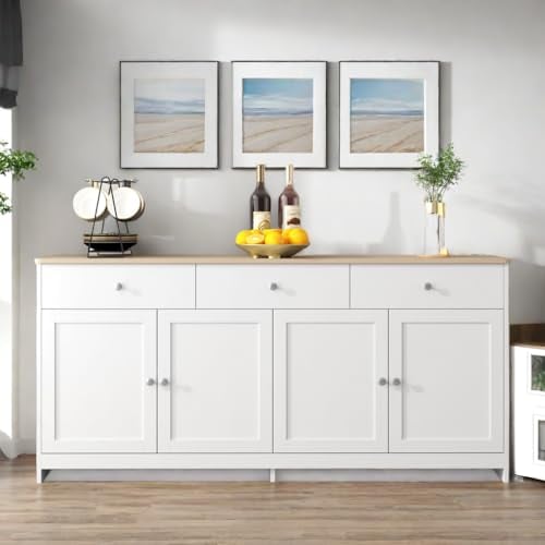 Aparador con vetas de madera blanca, armario de cocina con encimera, 4 puertas, 3 cajones, 160 x 37 x 75 cm, estilo rústico para salón, comedor, color madera y blanco