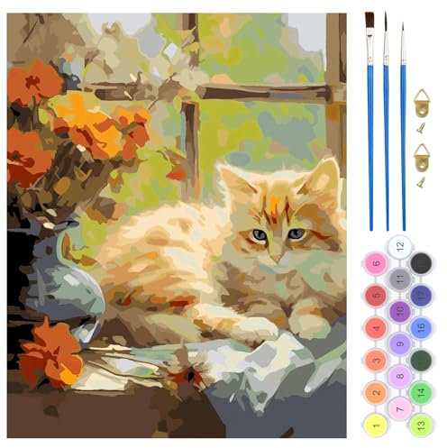 QENSPE Malen nach Zahlen Katze für Erwachsene, DIY Farbe Ölgemälde Malen nach Zahlen Set für Anfänger – Farbe Leinen Leinwand mit Acrylfarbe und 3 Pinsel, Haus Wand Deko 40x50cm - Katze und Blumen