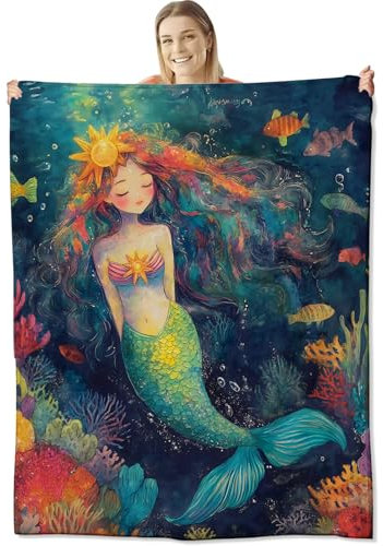 cromcu Meerjungfrauen-Decke für Kinder und Erwachsene, weiche, leichte Flanell-Überwurfdecke, 127 x 152,4 cm, Blau, Cartoon-Muster