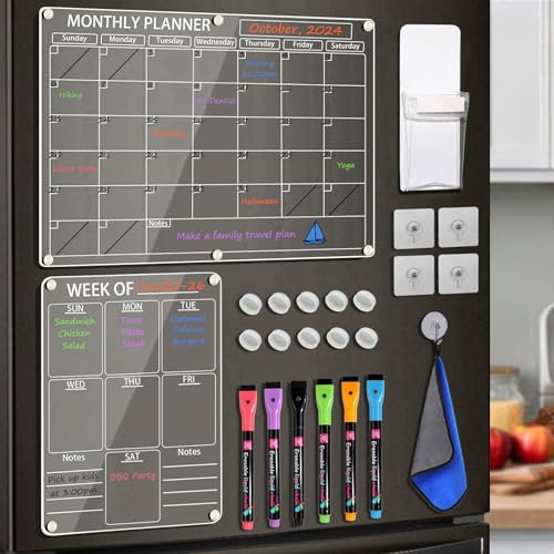 LISSCHANN Acrylic Magnetic Calendar for Fridge, 2 Pcs Clear Monthly & Weekly Planner Dry Erase Planning Board for Refrigerator, W/ 6 Chalk Markers, Pen Holder, Adhesive Wall Screws and Towel