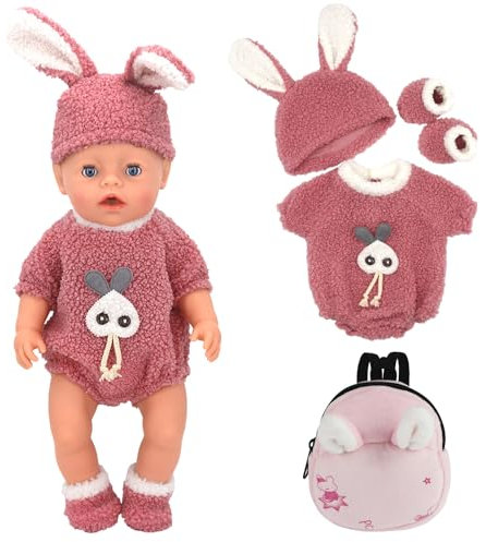TYXHXTF Puppenkleidung 45 cm für Baby Puppen, Puppe Zubehör mit Baby Langarm Bodys, Hut, Mantel (Rosa (Kaninchen))