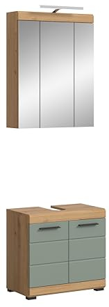furnling Badmöbel-Set Scott, Badezimmer-Set 2-teilig, Spiegelschrank mit Beleuchtung, Waschbeckenunterschrank, Badschränke, Salbei/Artisan Eiche