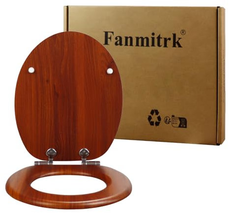 Fanmitrk Wooden Toilet Seat with Soft Close Adjustable Solid Hinges, MDF Wood Oval Toilet Seat (JH7408-01)