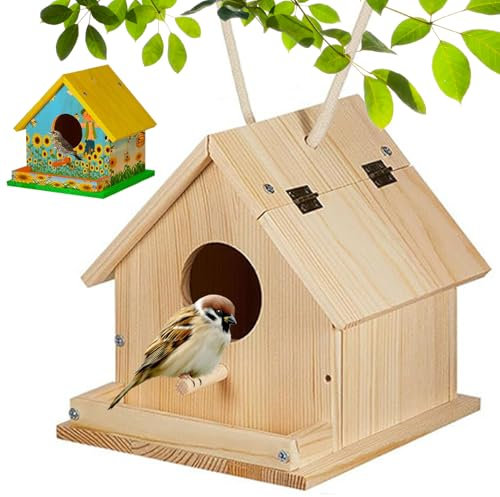 Ssguopte Bird House Kit, Wooden Bird Houses to Paint and Build, DIY Birdhouse Kits with Brush, Screwdriver, Mounting Screws and 6 Colors of Paint for Kids 3+