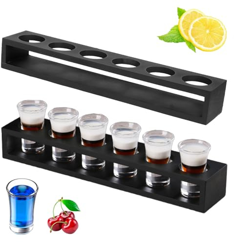 Hapivida 2 Stück Schnapsglashalter 6 Löcher Schwarz Mini Schnapsbrett | 33 x 5 x 6 cm Schnapslatte aus Holz Getränke Servierbrett, Durchmesser Loch 4cm für Likörschnaps, Tequila, Whisky
