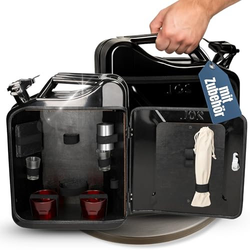 Mobile Minibar Set 2 - Geschenk für Papa, Mann & Freund zu Weihnachten - Abschließbare Mini Bar im Benzinkanister Design - Inklusive Zubehör - Lustige Geschenkidee für Whisky &Schnapsliebhaber