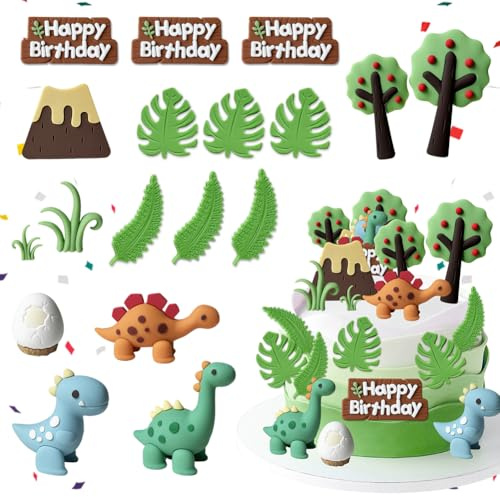 NimblusToy Dino Tortendeko, 18 Stück Dino Kuchen Deko, Tortendeko Dinosaurier Happy Birthday Kindergeburtstag Tiere Torte Deko Dschungel für Geburtstagsparty Zubehör DIY Kuchendekoration