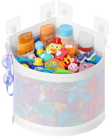 Bath Toy Storage Net, Durable Bath Toy Net with 4 Self-Adhesive Hooks, Large Capacity Quick Dry Bathroom Toys Storage, Convenient Organize Bathroom Toys(White)