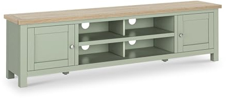 RoselandFurniture Farro Sage Green 180cm Large TV Unit for Living Room | Fully Assembled, Television Cabinet with Washed Oak Top, Suitable for 75 Inch Screen, Farmhouse Style, H48cm W180cm D35cm