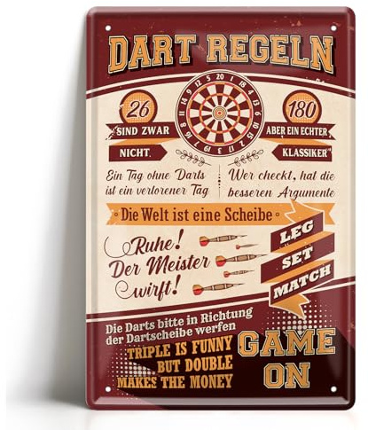 Blechschild Dartregeln 20x30cm - Dart Deko Dartscheibe Steeldartscheibe Dartautomat - Dartzubehör Wandschild Vintage - Geschenk Dartspieler Dartfans Partykeller (Regeln 1)
