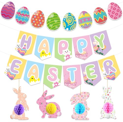 Happy Easter Banner, 23 PCS Double-Sided Easter Banner & Bunting Set, a Complete Set of Easter Decorations with 3D Honeycomb Bunnies, Premium Reusable Hanging Decor for Home, School, Office & Party