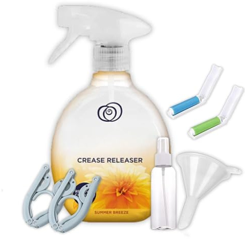 Summer Breeze Crease Release Spray Bundle – Fabric Conditioner Freshness with Lint Roller Duo, Foldable Hangers, Empty Spray Bottle & Funnel Travel Set