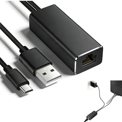 Micro USB to Ethernet Adapter 100mbps with Power Cable, USB to Rj45 Lan Network Adapter Compatible with Fire TV Stick, Compatible with Basic Edition, Compatible with Chromecast.etc.