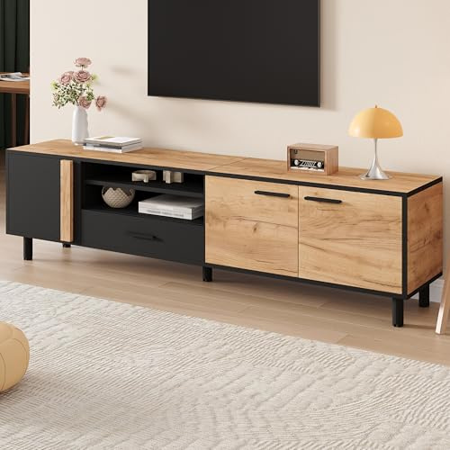 FammyLoft TV-Schrank mit 3 Schränken, Lowboard mit 1 Schublade, Fernsehtisch mit 5 Stützbeinen, TV Stand, Fernsehschrank, TV-Board, TV-Kommode Geeignet für Fernseher um 80 Zoll, Holzfarbe+Schwarz