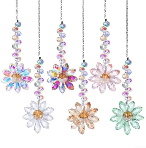 6 bunte Sonnenblumen-Sonnenfänger, 31,8 cm, zum Aufhängen für Kristall-Diamant-Prismen für Fenster, Garten, für Outdoor-Dekoration, handgefertigte Regenbogen-Maker-Ornamente