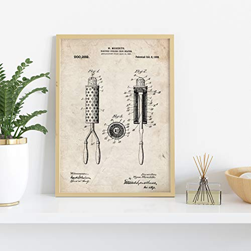 Nacnic Angeln Patent Poster 4-er Set. Vintage Stil Wanddekoration Abbildung von Haarbürste und Haartrockner. Verschiedene geometrische Alte Erfindungen Bilder ohne Rahmen. Größe A4.