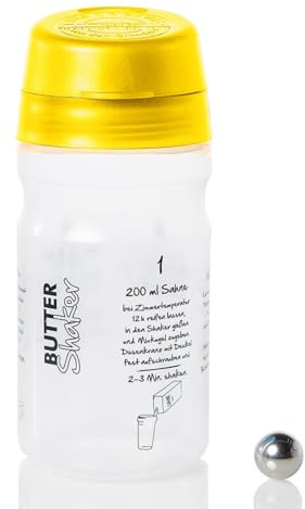 Butter Machen im patentierten Butter-Shaker. 200 ml Sahne ergeben 75g Butter + 125 ml Buttermilch. Extrem viele Gourmetsorten möglich. Von süß bis würzig. 325ml-Modell in GELB