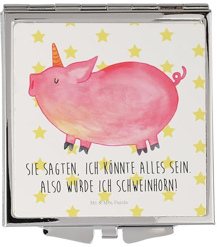 Mr. & Mrs. Panda Handtaschenspiegel quadratisch Einhorn Schwein - Geschenk, Unicorn, witzig. lustig, Schminkspiegel, Einhörner, silber, Einhorn Deko,