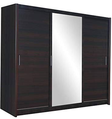Furniture24 Kleiderschrank MONAKO Schlafzimmer 3 Türiger Schwebetürenschrank Schrank mit 2 Kleiderstangen 8 Einlegeboden Spiegel und 2 Schubladen Schiebetür Wenge