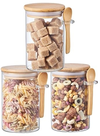 ORNAMI Glass Food Jar with Natural Bamboo Lid and Spoon, Airtight Small Clear Canister Jar for Kitchen Storage, for Sugar, Seeds, Salt, Pepper, Spices - Set of 3 (0.5L, Round)
