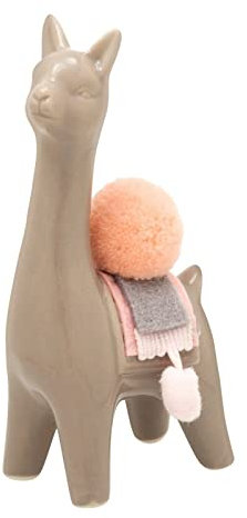 Kusso Graue Lama-Alpaka-Statue aus Keramik mit rosa Filz und Pompon-Detail, für Schlafzimmer, Wohnzimmer, Büro