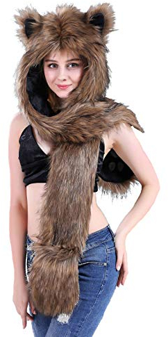 Damen Teenager Mädchen Kunstfell Kapuzenschal Hüte 3 in 1 Mütze Handschuhe Schal Vollkapuze Hoodie Winterschal Warm Weich Flauschig Trappermütze Niedliche Tiermütze mit Fäustling Tasche Handschuhe