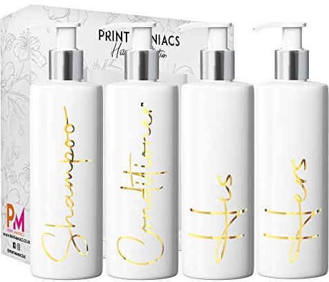 Print Maniacs White Mrs Hinch Inspired Personalised 500ml Pump Bottles Bathroom Lotion Kitchen Set Shampoo Conditioner (Set 4 His Her, F2 ) (Gold)