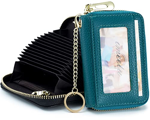 imeetu Card Holder for Women RFID Card Holder Wallet Slim Leather Cardholder Damen with 12 Card Slots, 2 Wide Cash Slots, Keyring & ID Window (Small,Pfauenblau)