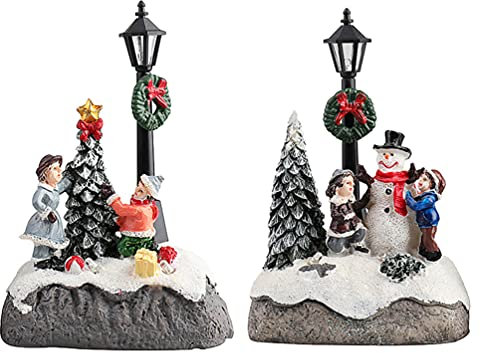 Amosfun 2pcs Christmas Village Houses Holiday Table Light-up Ornaments Resin Scene House Town Decor, Christmas Village Decorations (without Battery)