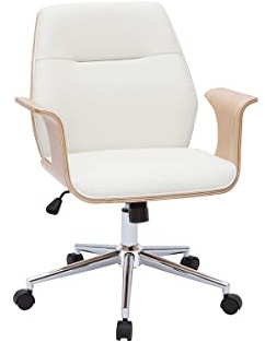 Miliboo Bürostuhl mit Rollen, Weiß, helles Holz und verchromter Stahl, Rufin